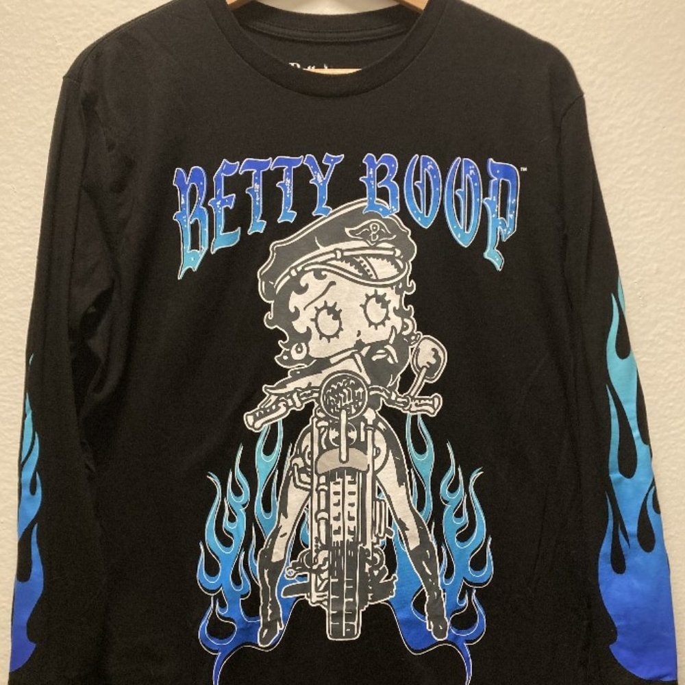 Betty Boop Biker Blue Flames Long Sleeve Black Medium Graphic Print T-Shirt